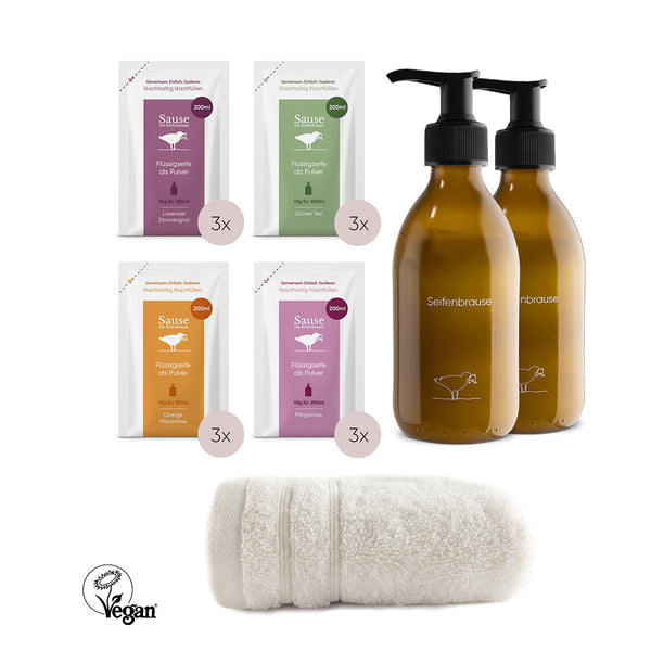 Flüssigseife Starter-Set Duftmischung 2400ml mit 2x Spendern, inkl. Baumwollhandtuch