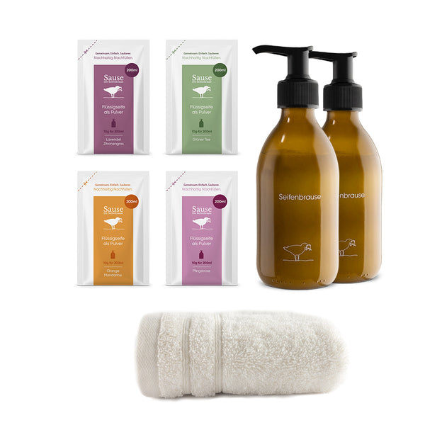 Flüssigseife Starter-Set Duftmischung 2400ml mit 2x Spendern, inkl. Baumwollhandtuch